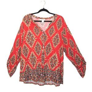 Style & Co Plus 3X Top Womens Colorful Boho Print Roll Tab Sleeve Popover Coral